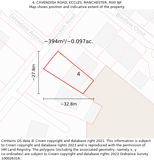 4, CAVENDISH ROAD, ECCLES, MANCHESTER, M30 9JF: Plot and title map