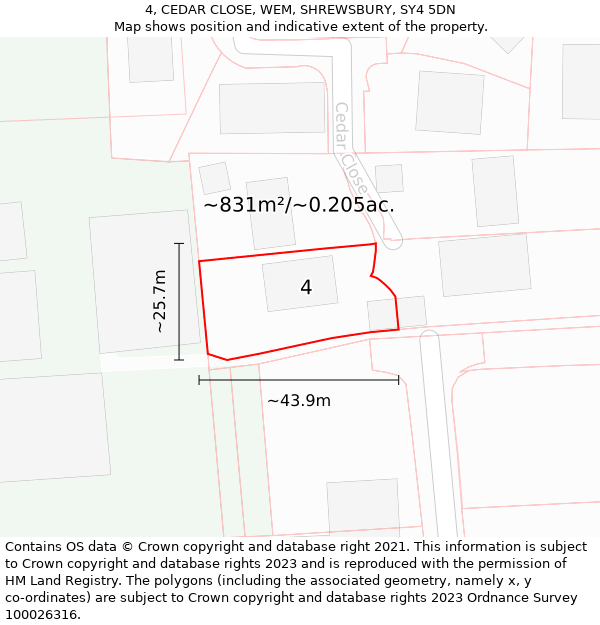 4, CEDAR CLOSE, WEM, SHREWSBURY, SY4 5DN: Plot and title map
