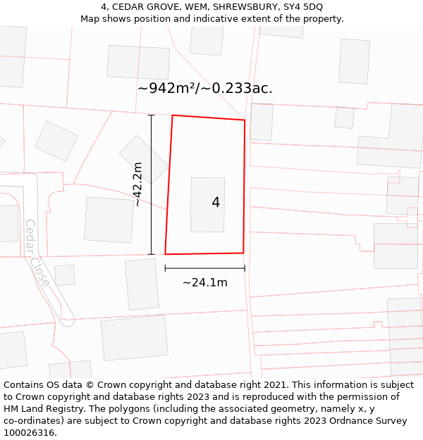 4, CEDAR GROVE, WEM, SHREWSBURY, SY4 5DQ: Plot and title map