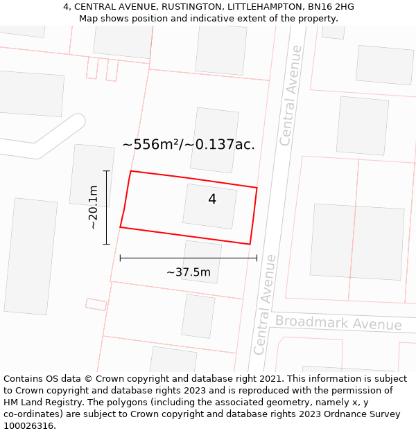 4, CENTRAL AVENUE, RUSTINGTON, LITTLEHAMPTON, BN16 2HG: Plot and title map