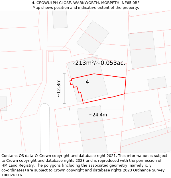 4, CEOWULPH CLOSE, WARKWORTH, MORPETH, NE65 0BF: Plot and title map