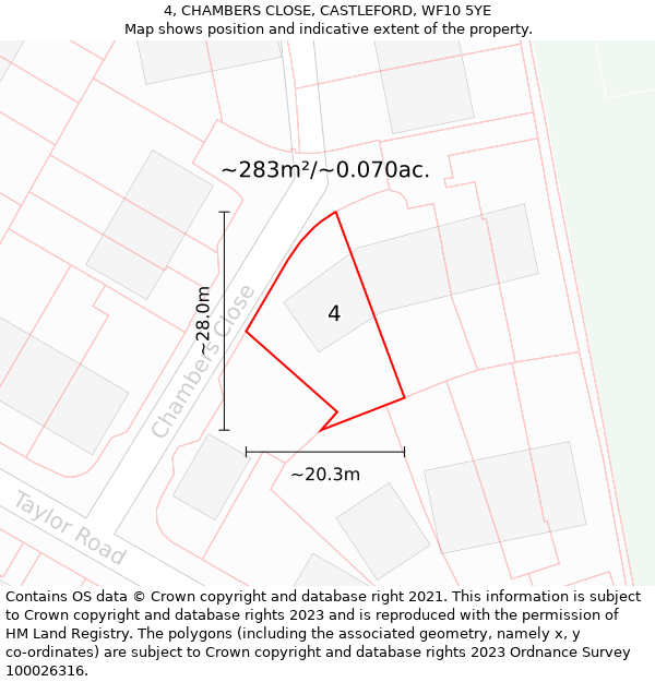 4, CHAMBERS CLOSE, CASTLEFORD, WF10 5YE: Plot and title map