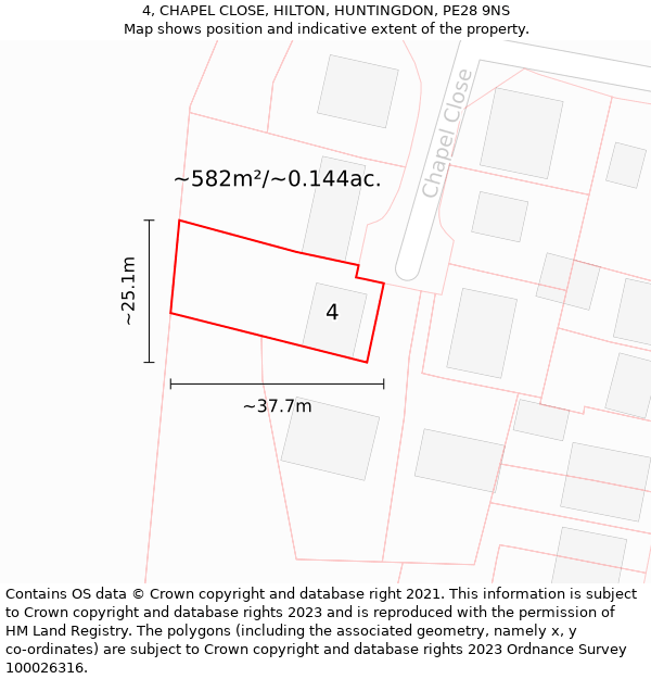 4, CHAPEL CLOSE, HILTON, HUNTINGDON, PE28 9NS: Plot and title map