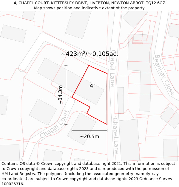 4, CHAPEL COURT, KITTERSLEY DRIVE, LIVERTON, NEWTON ABBOT, TQ12 6GZ: Plot and title map