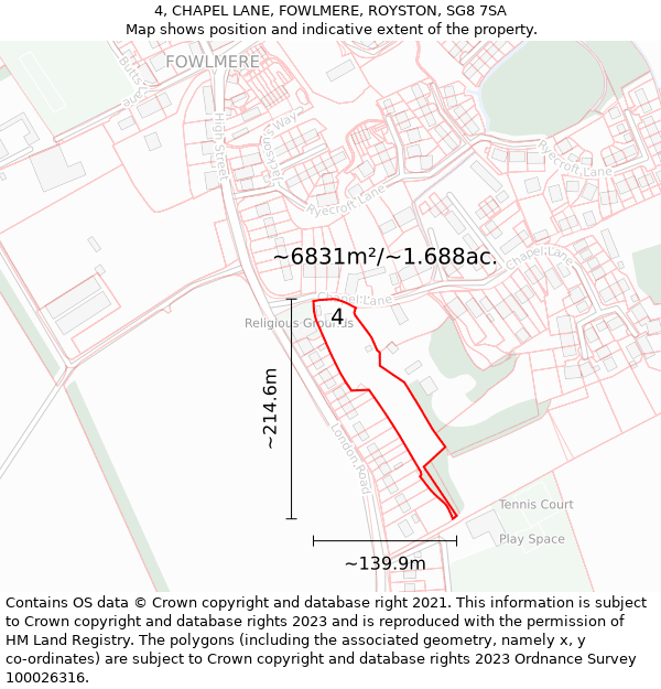 4, CHAPEL LANE, FOWLMERE, ROYSTON, SG8 7SA: Plot and title map