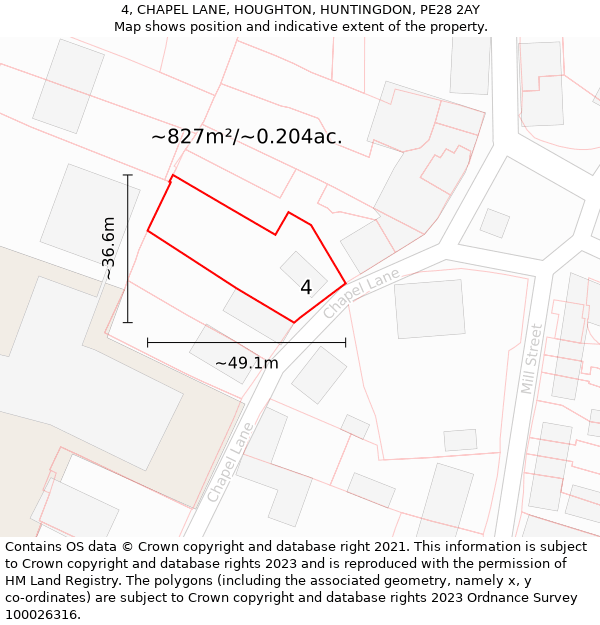 4, CHAPEL LANE, HOUGHTON, HUNTINGDON, PE28 2AY: Plot and title map