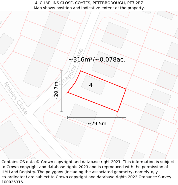 4, CHAPLINS CLOSE, COATES, PETERBOROUGH, PE7 2BZ: Plot and title map