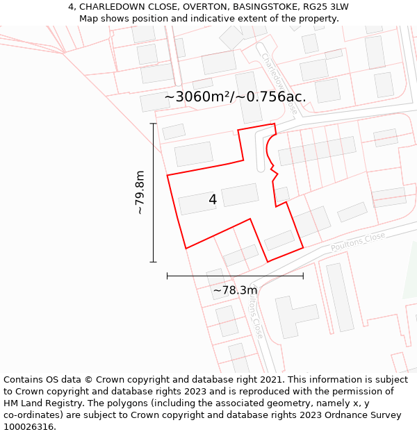 4, CHARLEDOWN CLOSE, OVERTON, BASINGSTOKE, RG25 3LW: Plot and title map