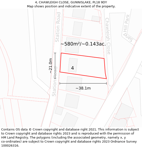 4, CHAWLEIGH CLOSE, GUNNISLAKE, PL18 9DY: Plot and title map