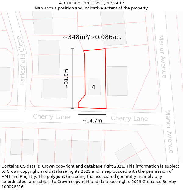 4, CHERRY LANE, SALE, M33 4UP: Plot and title map