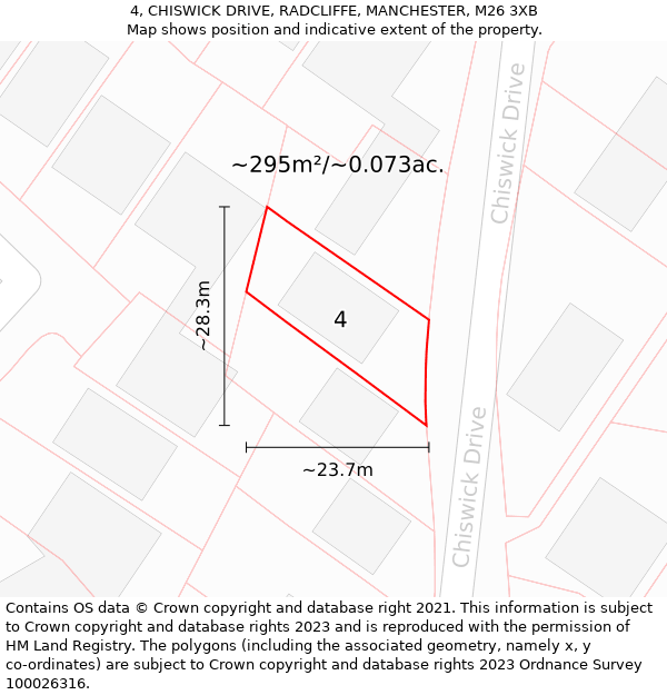 4, CHISWICK DRIVE, RADCLIFFE, MANCHESTER, M26 3XB: Plot and title map