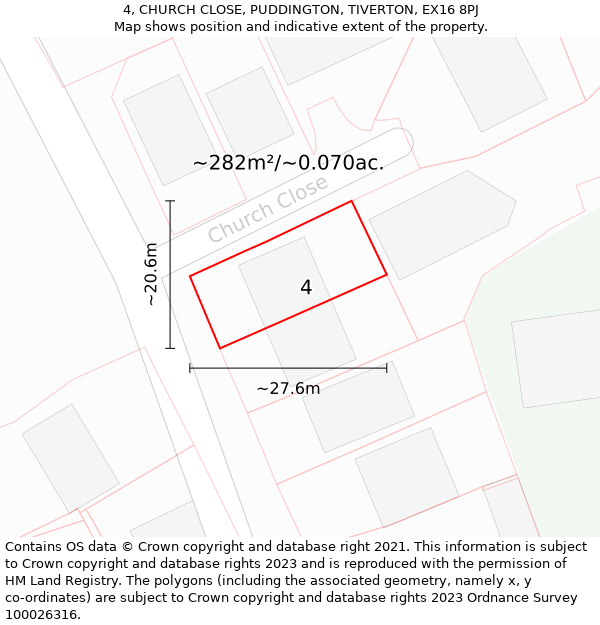 4, CHURCH CLOSE, PUDDINGTON, TIVERTON, EX16 8PJ: Plot and title map