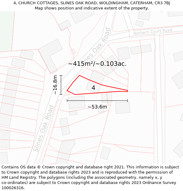 4, CHURCH COTTAGES, SLINES OAK ROAD, WOLDINGHAM, CATERHAM, CR3 7BJ: Plot and title map