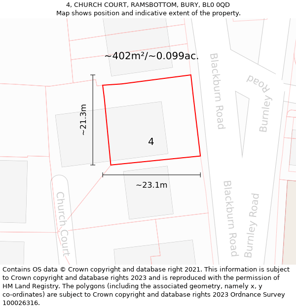 4, CHURCH COURT, RAMSBOTTOM, BURY, BL0 0QD: Plot and title map