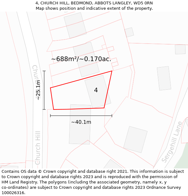 4, CHURCH HILL, BEDMOND, ABBOTS LANGLEY, WD5 0RN: Plot and title map