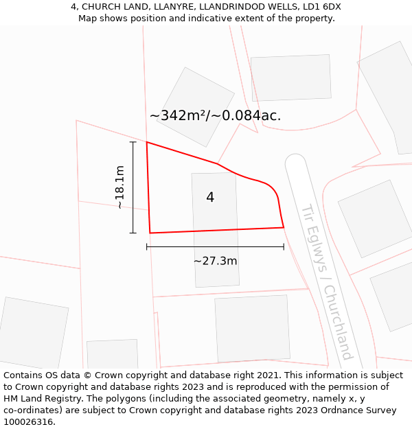 4, CHURCH LAND, LLANYRE, LLANDRINDOD WELLS, LD1 6DX: Plot and title map