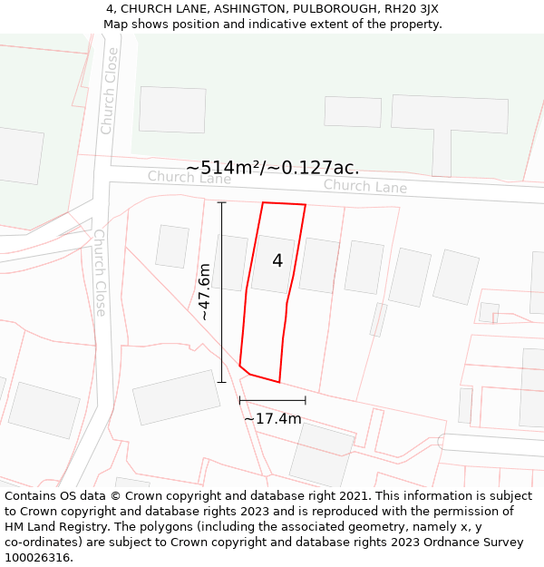 4, CHURCH LANE, ASHINGTON, PULBOROUGH, RH20 3JX: Plot and title map