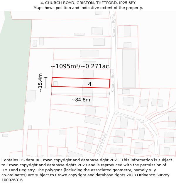 4, CHURCH ROAD, GRISTON, THETFORD, IP25 6PY: Plot and title map