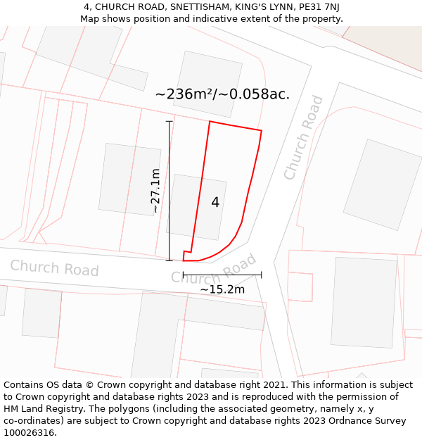 4, CHURCH ROAD, SNETTISHAM, KING'S LYNN, PE31 7NJ: Plot and title map