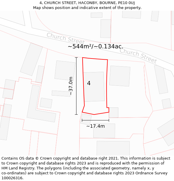 4, CHURCH STREET, HACONBY, BOURNE, PE10 0UJ: Plot and title map