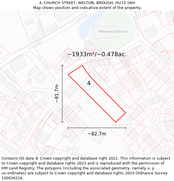 4, CHURCH STREET, WELTON, BROUGH, HU15 1NH: Plot and title map