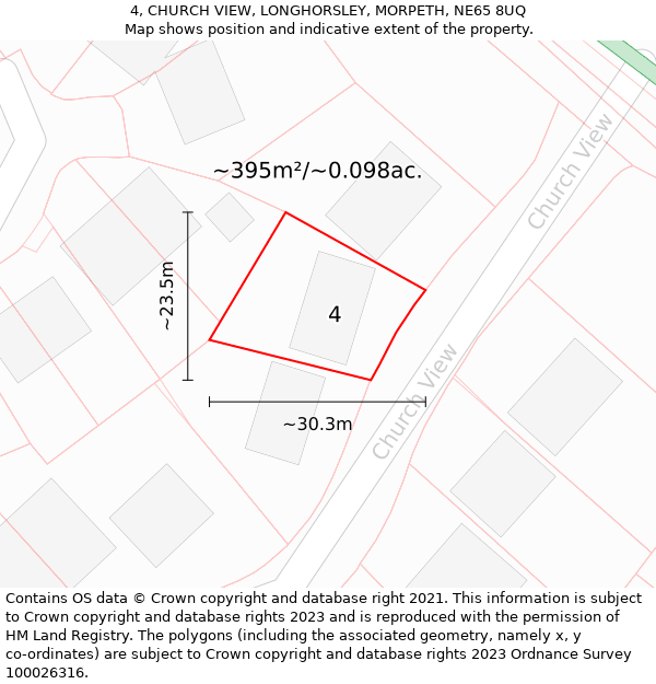 4, CHURCH VIEW, LONGHORSLEY, MORPETH, NE65 8UQ: Plot and title map