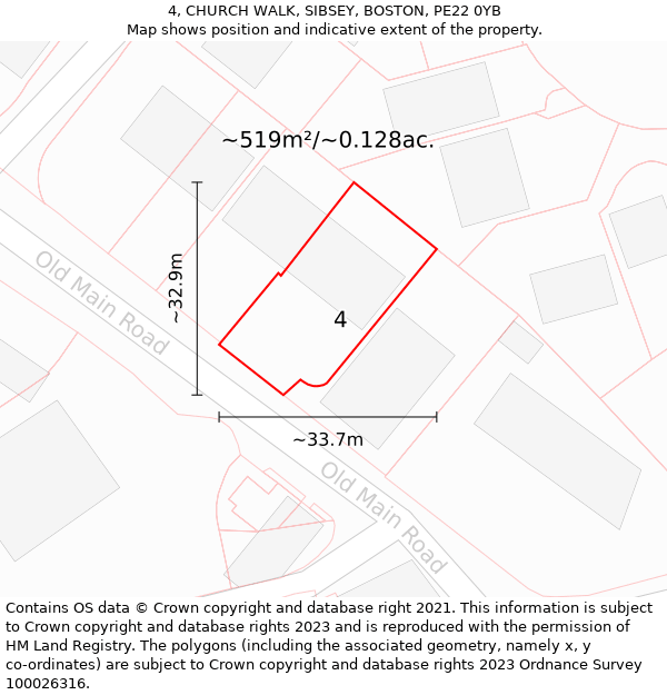 4, CHURCH WALK, SIBSEY, BOSTON, PE22 0YB: Plot and title map