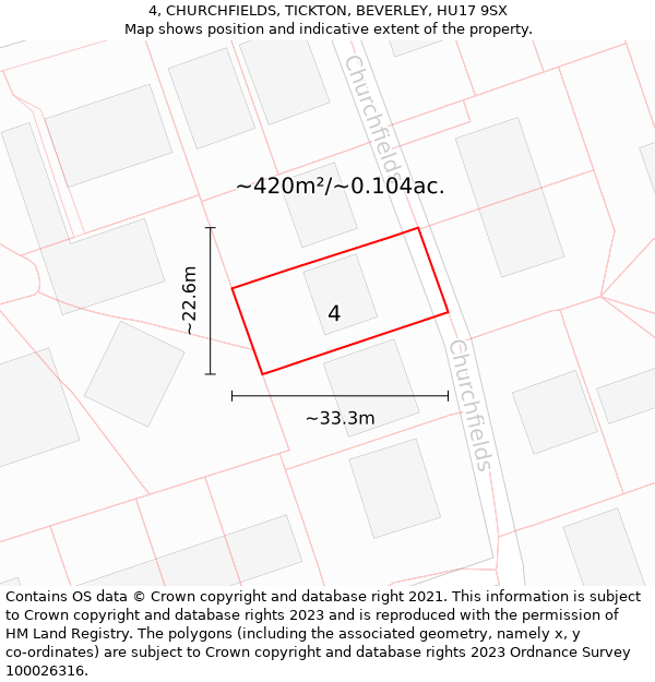 4, CHURCHFIELDS, TICKTON, BEVERLEY, HU17 9SX: Plot and title map