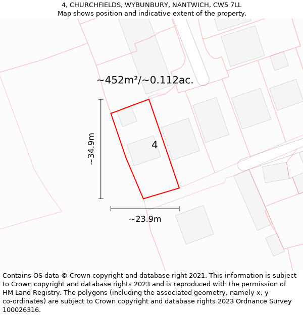 4, CHURCHFIELDS, WYBUNBURY, NANTWICH, CW5 7LL: Plot and title map