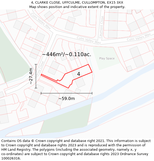 4, CLARKE CLOSE, UFFCULME, CULLOMPTON, EX15 3XX: Plot and title map