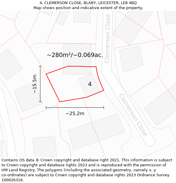 4, CLEMERSON CLOSE, BLABY, LEICESTER, LE8 4BQ: Plot and title map