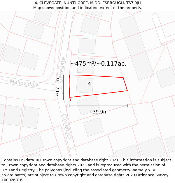 4, CLEVEGATE, NUNTHORPE, MIDDLESBROUGH, TS7 0JH: Plot and title map