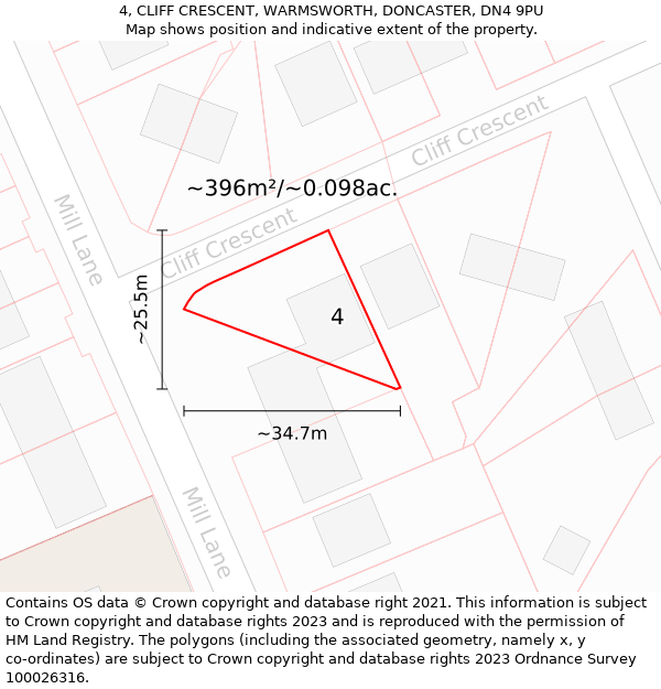 4, CLIFF CRESCENT, WARMSWORTH, DONCASTER, DN4 9PU: Plot and title map