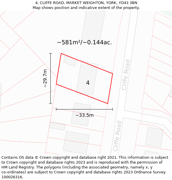 4, CLIFFE ROAD, MARKET WEIGHTON, YORK, YO43 3BN: Plot and title map