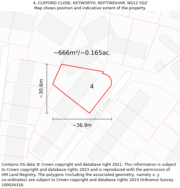 4, CLIFFORD CLOSE, KEYWORTH, NOTTINGHAM, NG12 5GZ: Plot and title map