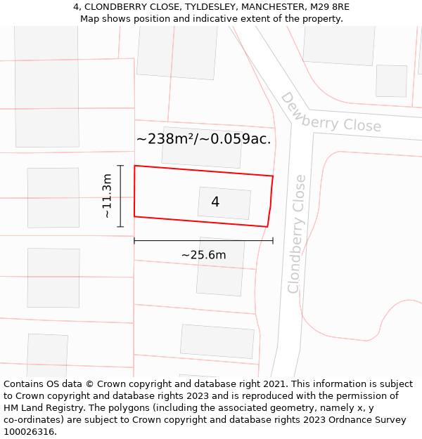 4, CLONDBERRY CLOSE, TYLDESLEY, MANCHESTER, M29 8RE: Plot and title map