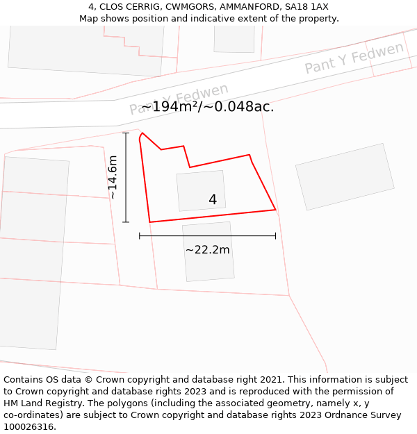 4, CLOS CERRIG, CWMGORS, AMMANFORD, SA18 1AX: Plot and title map