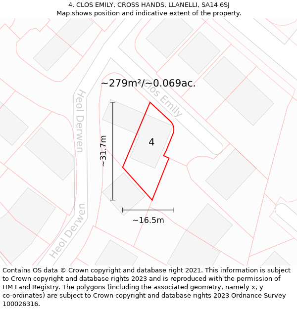 4, CLOS EMILY, CROSS HANDS, LLANELLI, SA14 6SJ: Plot and title map