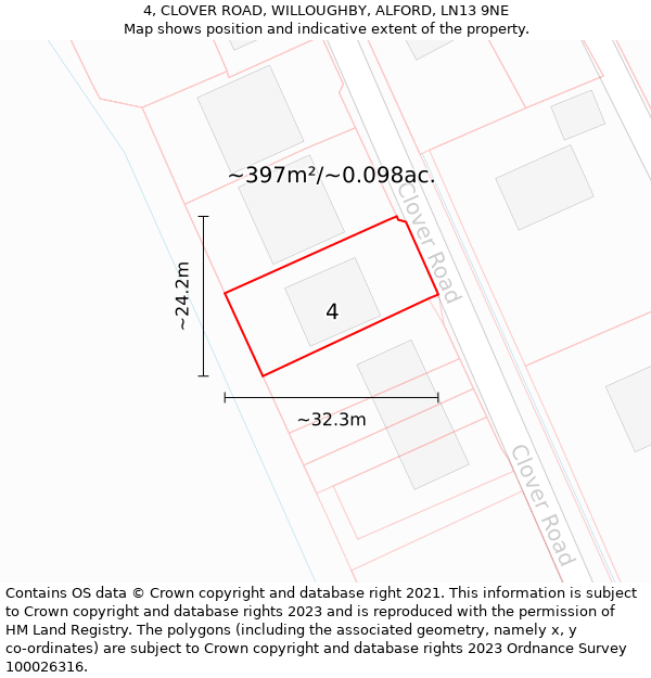 4, CLOVER ROAD, WILLOUGHBY, ALFORD, LN13 9NE: Plot and title map