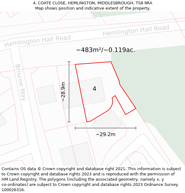 4, COATE CLOSE, HEMLINGTON, MIDDLESBROUGH, TS8 9RA: Plot and title map