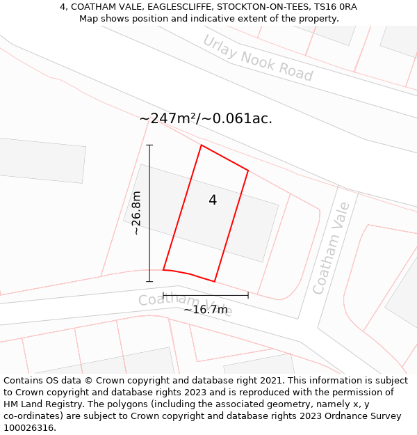 4, COATHAM VALE, EAGLESCLIFFE, STOCKTON-ON-TEES, TS16 0RA: Plot and title map