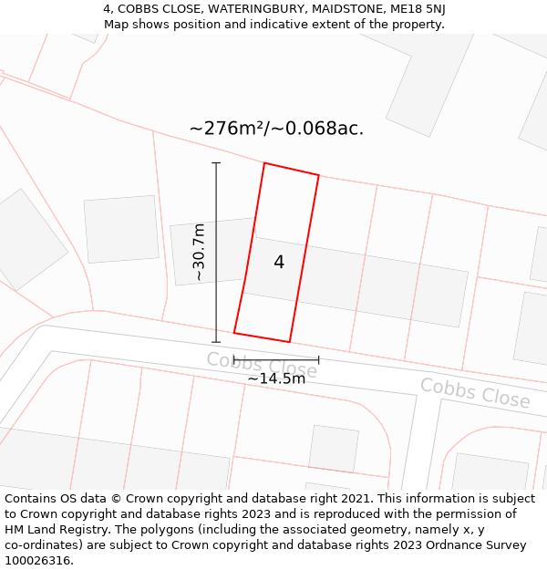 4, COBBS CLOSE, WATERINGBURY, MAIDSTONE, ME18 5NJ: Plot and title map