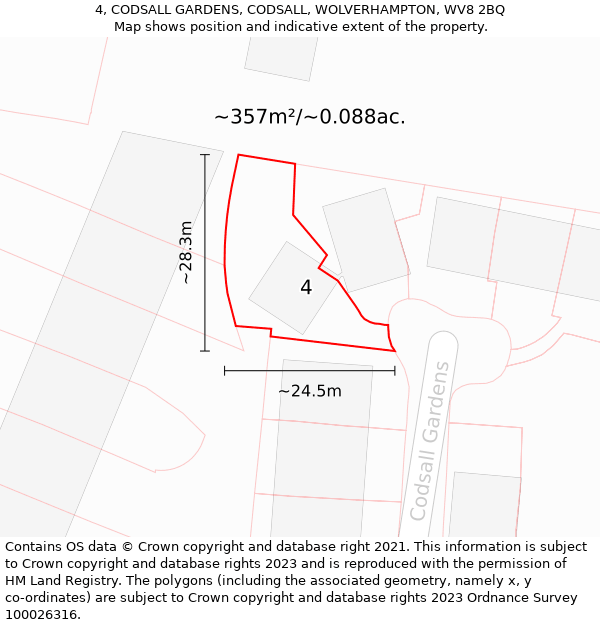 4, CODSALL GARDENS, CODSALL, WOLVERHAMPTON, WV8 2BQ: Plot and title map