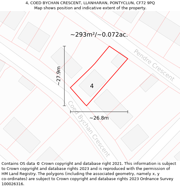 4, COED BYCHAN CRESCENT, LLANHARAN, PONTYCLUN, CF72 9PQ: Plot and title map