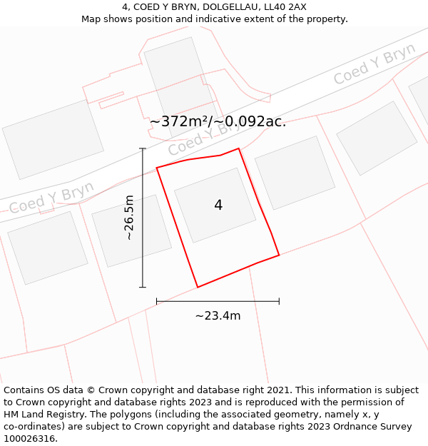 4, COED Y BRYN, DOLGELLAU, LL40 2AX: Plot and title map