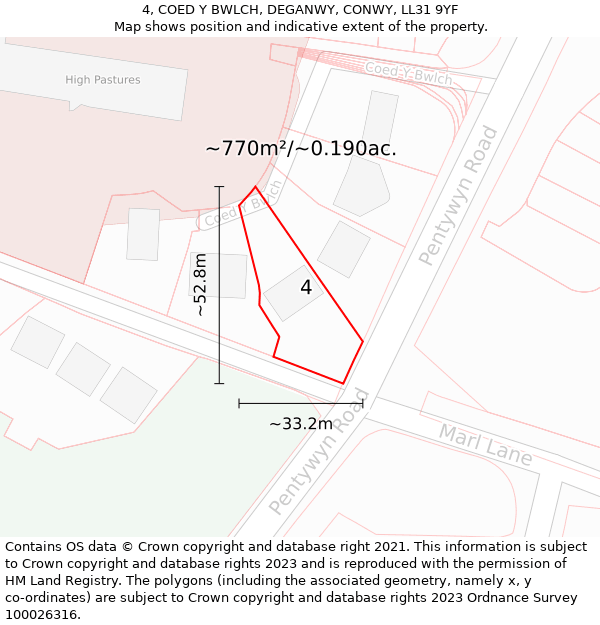 4, COED Y BWLCH, DEGANWY, CONWY, LL31 9YF: Plot and title map