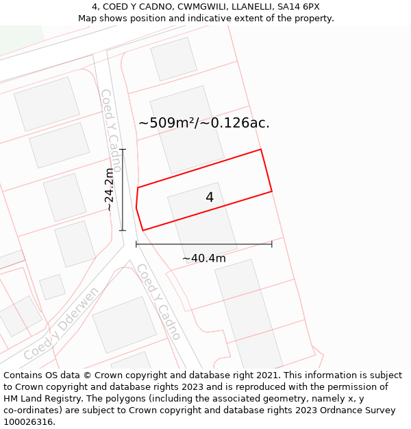 4, COED Y CADNO, CWMGWILI, LLANELLI, SA14 6PX: Plot and title map