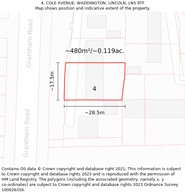 4, COLE AVENUE, WADDINGTON, LINCOLN, LN5 9TF: Plot and title map