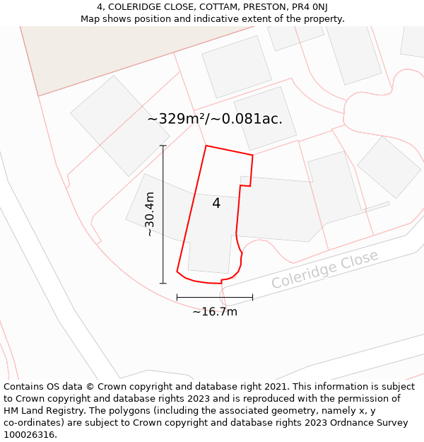 4, COLERIDGE CLOSE, COTTAM, PRESTON, PR4 0NJ: Plot and title map