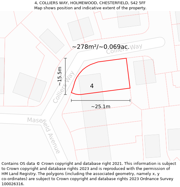 4, COLLIERS WAY, HOLMEWOOD, CHESTERFIELD, S42 5FF: Plot and title map